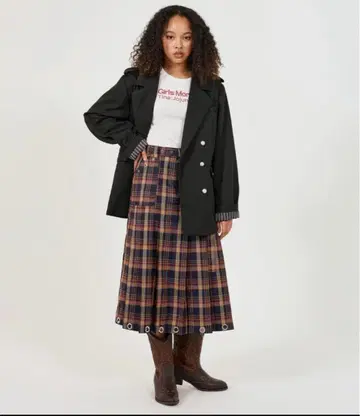 체크 무늬 미디 기장 플리츠 스커트 TINA: JOJUN