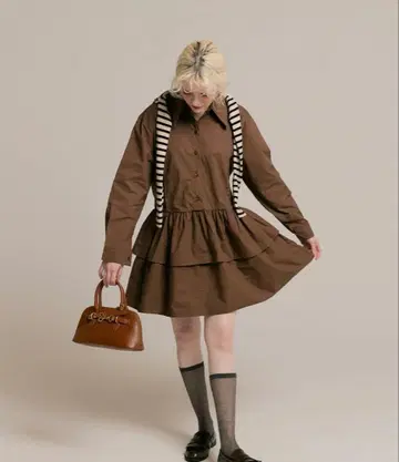 [ 즉시 구매 ] ranclic 란클릭 티어드 셔츠 드레스 브라운