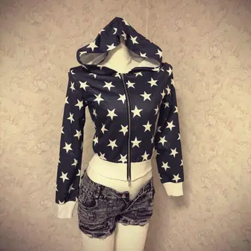 헤이세이 갸루 00s 별 패턴 후드 부착 크롭 후드티 히메 스타일 Y2K