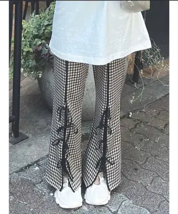 체크 슬릿 리본 컷 팬츠