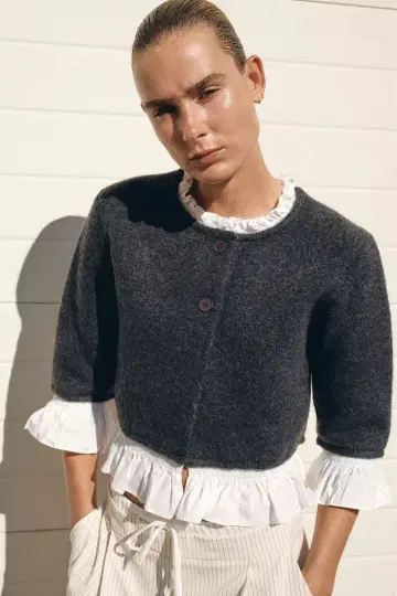 ZARA 포플린 콤비 니트 자켓 그레이 니트 가디건