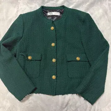 ZARA 자라 노카라 자켓 트위드 그린 XXL 골드 버튼