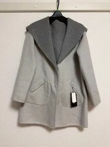 [ L ] 미사용품 엠센스 캐시미어 혼방 코트 모 50% 그레이 후드