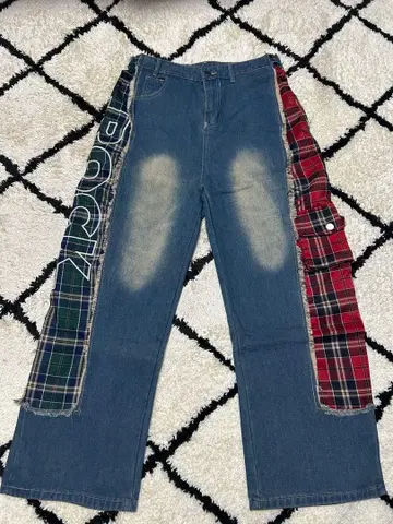 체크 무늬 데님 와이드 레그 팬츠