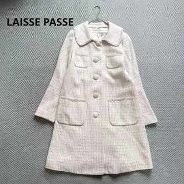 컨디션 최상 레스 빠세 트위드 노카라 코트 카라 부착 비쥬 핑크 화이트