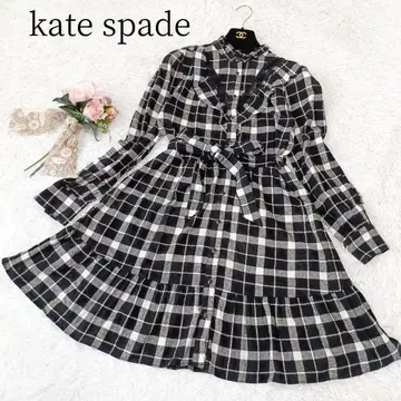 [ 케이트 스페이드 ] 롱 원피스 체크 플레어 벨트 프릴 A라인