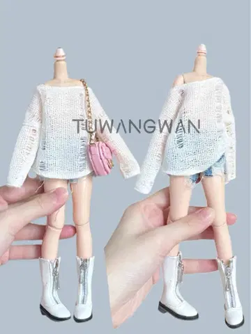 브라이스 인형 오프숄더 니트 스웨터 & 데님 숏팬츠