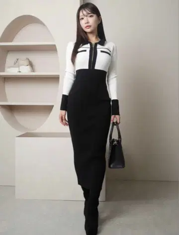 LIP SERVICE 프론트 ZIP 바이 컬러 니트 원피스