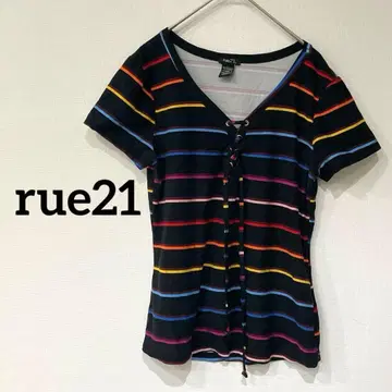 새상품급 rue21 다색 스트라이프 V넥 반팔 티셔츠 블랙