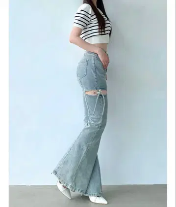 RESEXXY 컷 아웃 리본 데님 팬츠 아이스 블루 L