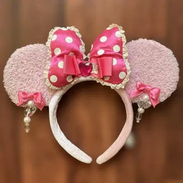 핑크 도트 무늬 리본 머리띠 미니 귀찌