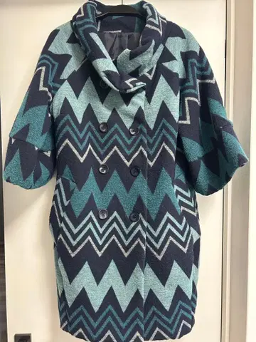 올 패턴 지그재그 패턴 피 코트 70s 80s 개성 네이비 터콰이즈