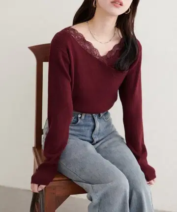 새상품 아지메 레이스 넥 리브 니트 풀오버 보르도 내추럴