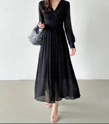 라메 믹스 블랙 긴팔 포멀 원피스