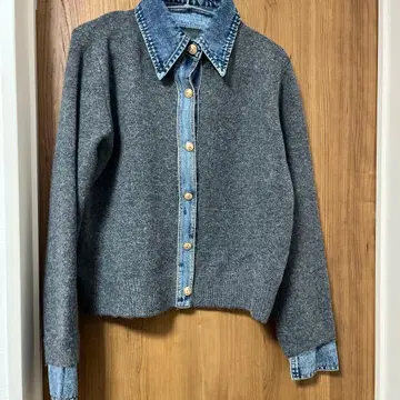 이소재 절개 데님 도킹 니트 가디건