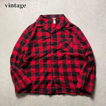 빈티지 블록 체크 파자마 셔츠 빨검 레드 블랙 코튼 오픈 카라 구제 의류