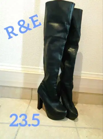 니하이 부츠 R&E 가죽 부츠 하이힐 블랙
