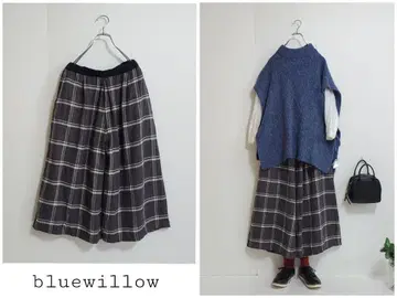 블루위로 체크 와이드 팬츠 이지 팬츠 짧은 기장