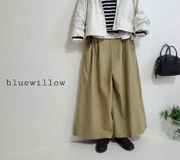 블루 위로우 코튼 린넨 턱 와이드 팬츠 사이드 버튼