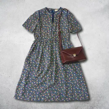 쇼와 레트로 꽃무늬 원피스 플레어 반팔 블루 L 구제 의류