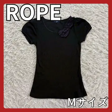 [ 새상품급 ] 반팔 티셔츠 프릴 장식 블랙 코튼 레이온 여성용 로페