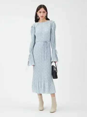 와셔 플리츠 플라워 프린트 원피스