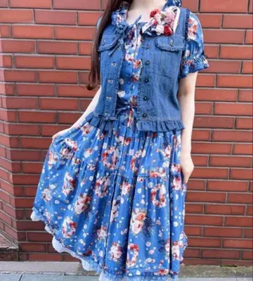 핑크하우스 리본 부케 미디 원피스 블루