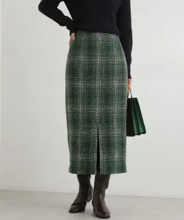 그린 계열 체크 슬릿 타이 스커트 M