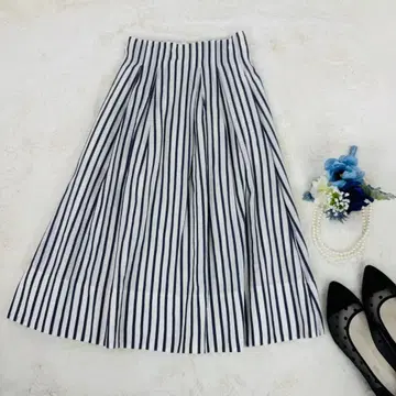 EMMEL REFINES 스트라이프 플레어 스커트 면마 혼방 허리밴딩