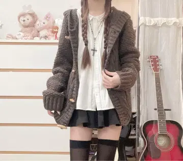 모리걸 레트로 00s SHIPS 후드 부착 니트 코트 가디건