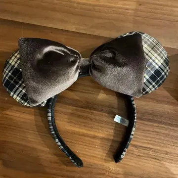 디즈니 미니 리본 체크 무늬 머리띠 브라운