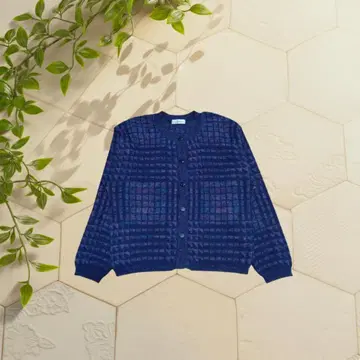 구제 빈티지풍 체크 가디건 다크 네이비 x 퍼플 두꺼운 원단 니트