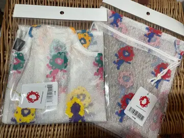 미야쿠미야쿠 레이스 에코백 보더 컬러 & 레이스 복조리 파우치 2세트