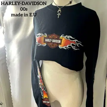 레어 00s 할리데이비슨 파이어 패턴 숏 롱T Y2K