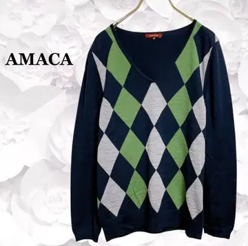 [ 아마카 ] 니트 스웨터 [ M ] 네이비 V넥 아가일 캐주얼