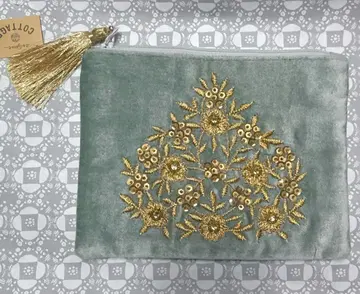 라이트 그린 벨로아 자수 파우치 플랫 성숙 큐트 미사용 새상품 비즈