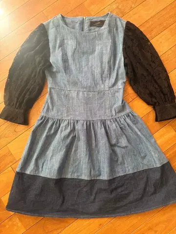 데님 x 레이스 긴팔 플레어 원피스