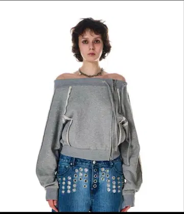 오프숄더 사이드 지퍼 상의 그레이 F