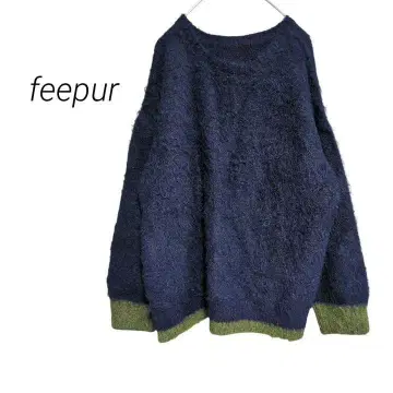 [페피엘] 울 혼방 바이컬러 기모 오버 니트 샤기 니트 네이비