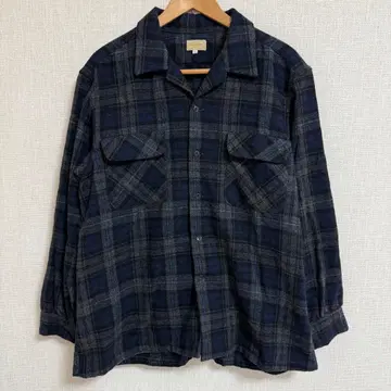 M~L 상당 울 오픈 카라 옴브레 체크 셔츠 다크 블루