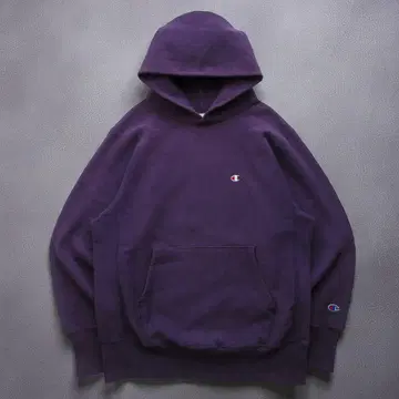 90s USA 챔피온 리버스 위브 자수 택 퍼플 후드티 L