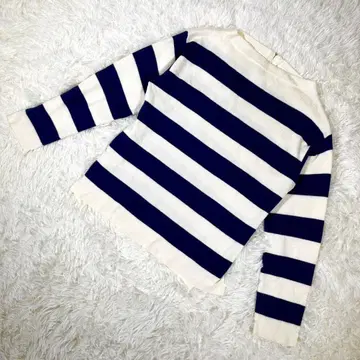 테치치 [ F ] 보더 니트 풀오버 긴팔 백 지퍼 네이비 x 화이트