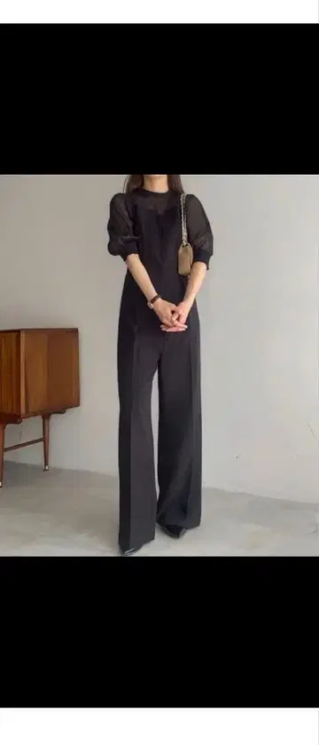 블랙 시스루 소매 팬츠 셋업