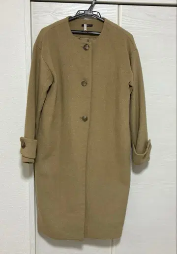 베이지 롱 노카라 코트 울 혼방