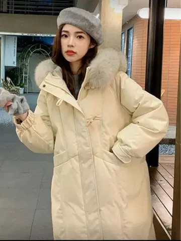 [ 새상품 ] 후드 부착 베이지 롱 다운 코트 자켓 더플 코트 XXL