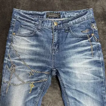 RED PEPPER 체인 장식 스키니 블루 데님 팬츠 27인치