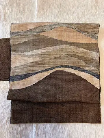 어스 컬러 파도 무늬 나고야 오비 순수 실크