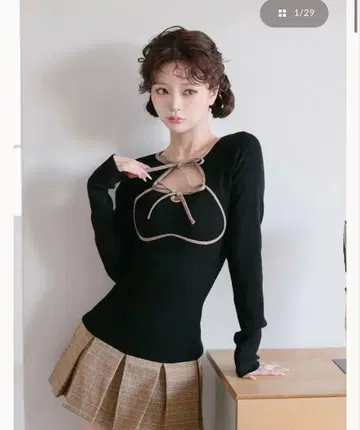 Darich 포인트 체크 니트 미니 원피스