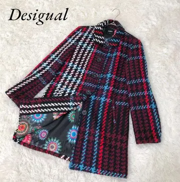 Desigual 데시구알 롱 코트 스탠 칼라 체크 XL 안쪽 꽃무늬