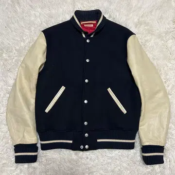 스티븐 앨런 바시티 자켓 가죽 천연 가죽 네이비 멜톤 울 L